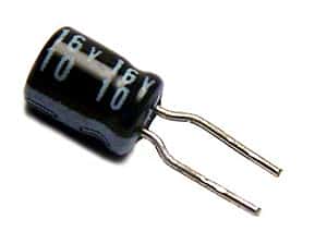 10uF 16V Mini Radial Electrolytic Capacitor Trim - click for details