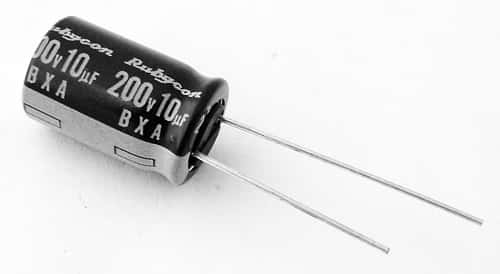 10uF 200V Radial Electrolytic Capacitor Rubycon 200BXA10M10X16