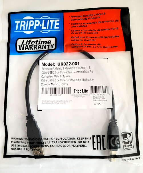 UR022-001 USB 2.0 Cable Reversible  A-Male to B-Male 1 Ft. Tripp-Lite®